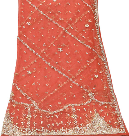Vintage Bridal Heavy Orange Net Dupatta Hand Embroidered Zardozi, Dabka, Zari, Sequins Work Wedding Veil Stole