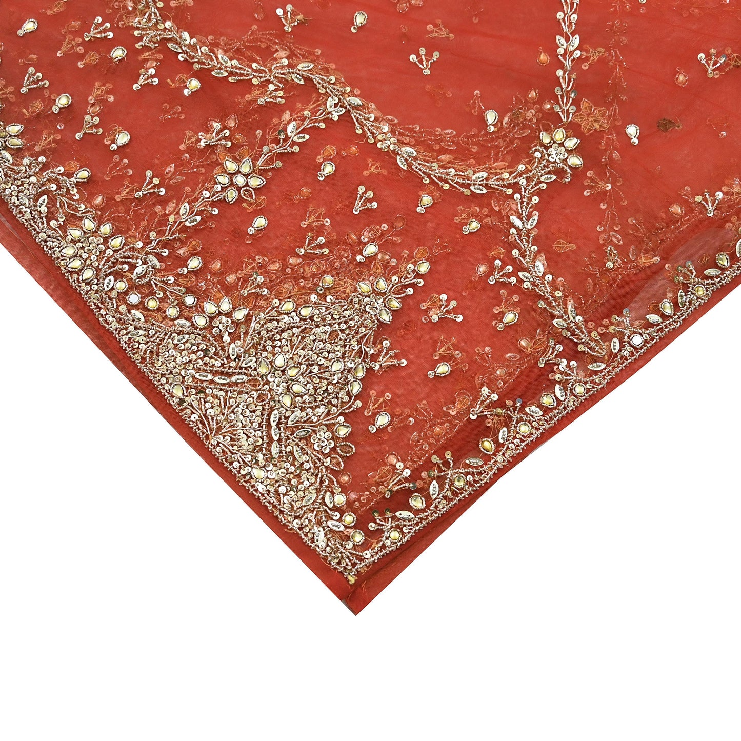 Vintage Bridal Heavy Orange Net Dupatta Hand Embroidered Zardozi, Dabka, Zari, Sequins Work Wedding Veil Stole