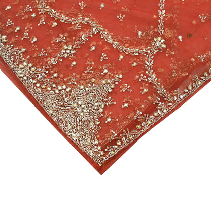 Vintage Bridal Heavy Orange Net Dupatta Hand Embroidered Zardozi, Dabka, Zari, Sequins Work Wedding Veil Stole