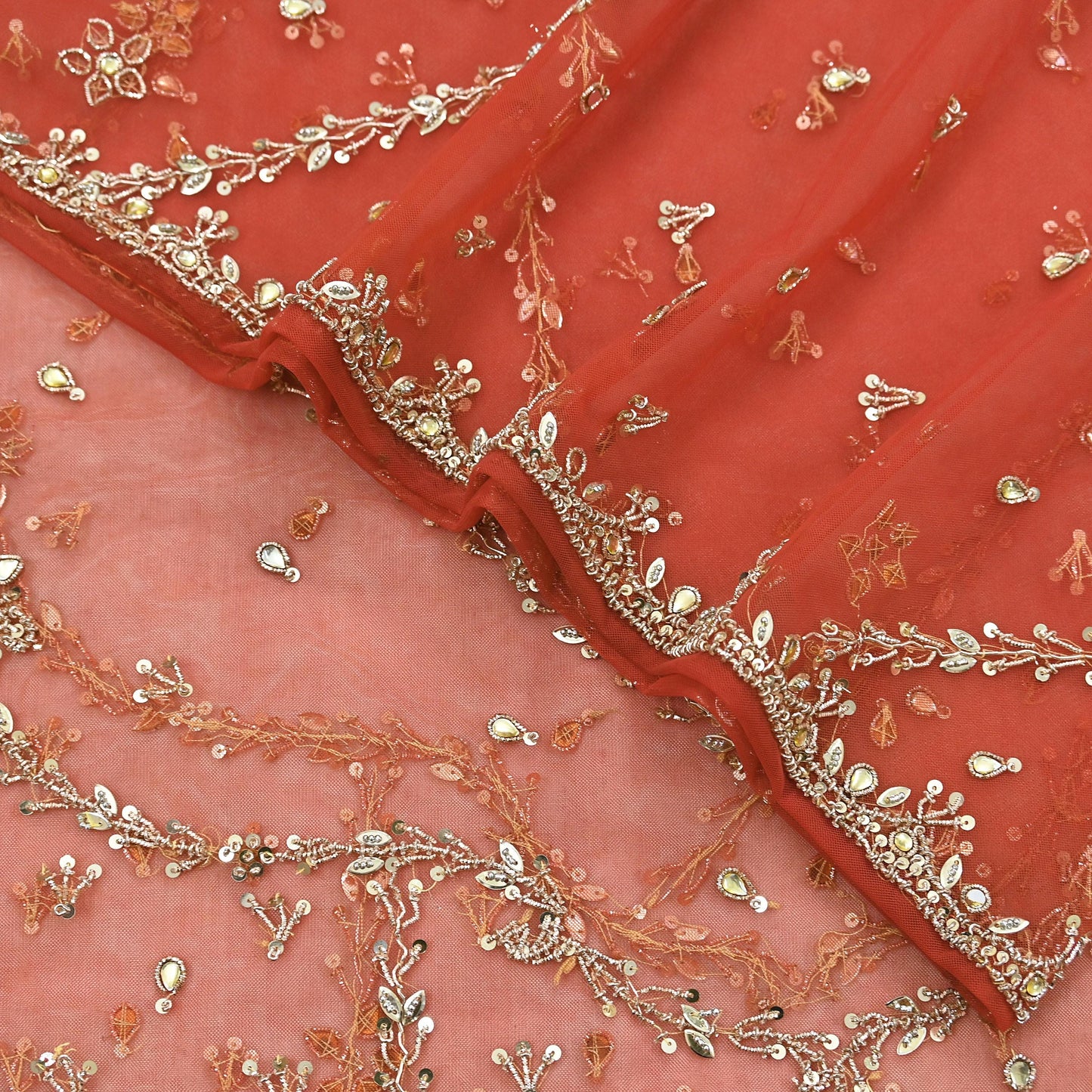 Vintage Bridal Heavy Orange Net Dupatta Hand Embroidered Zardozi, Dabka, Zari, Sequins Work Wedding Veil Stole