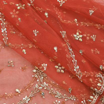 Vintage Bridal Heavy Orange Net Dupatta Hand Embroidered Zardozi, Dabka, Zari, Sequins Work Wedding Veil Stole