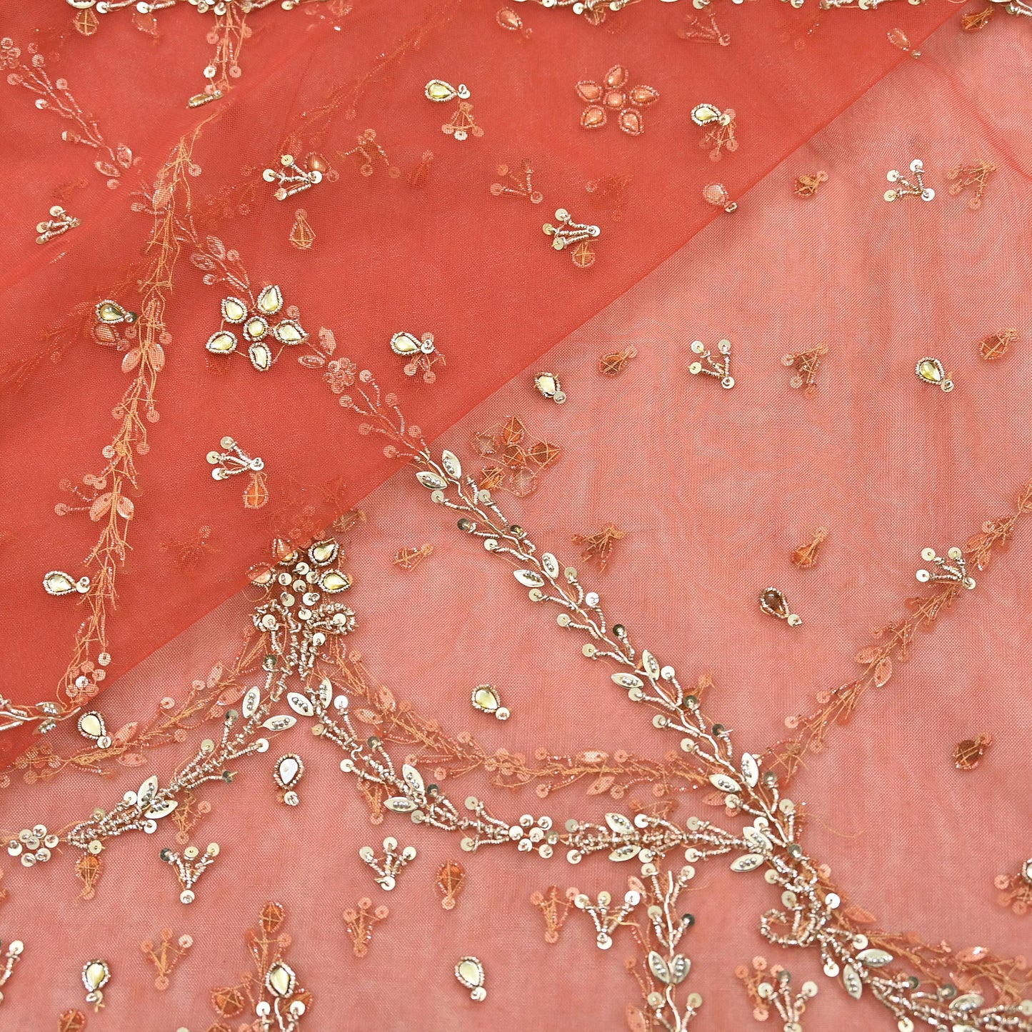 Vintage Bridal Heavy Orange Net Dupatta Hand Embroidered Zardozi, Dabka, Zari, Sequins Work Wedding Veil Stole