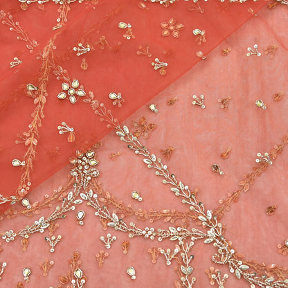 Vintage Bridal Heavy Orange Net Dupatta Hand Embroidered Zardozi, Dabka, Zari, Sequins Work Wedding Veil Stole