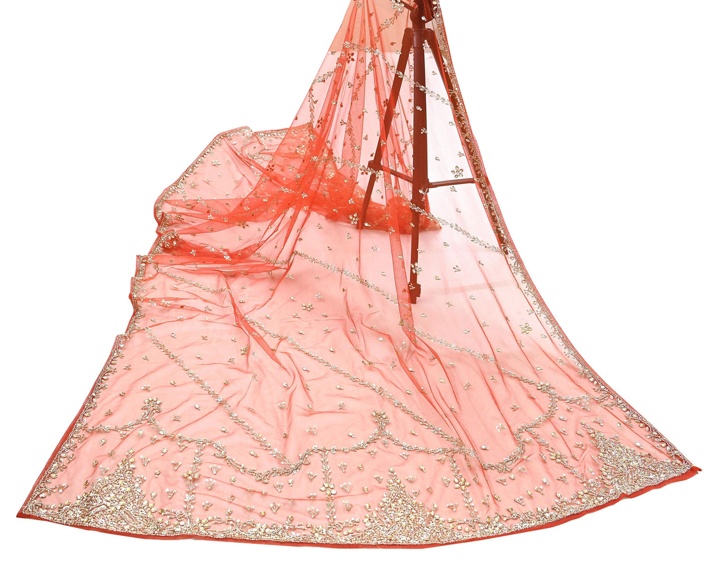 Vintage Bridal Heavy Orange Net Dupatta Hand Embroidered Zardozi, Dabka, Zari, Sequins Work Wedding Veil Stole