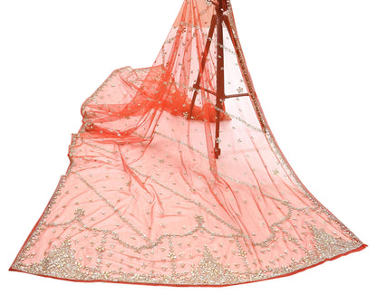 Vintage Bridal Heavy Orange Net Dupatta Hand Embroidered Zardozi, Dabka, Zari, Sequins Work Wedding Veil Stole