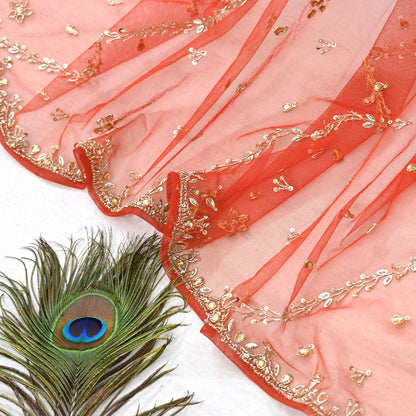 Vintage Bridal Heavy Orange Net Dupatta Hand Embroidered Zardozi, Dabka, Zari, Sequins Work Wedding Veil Stole