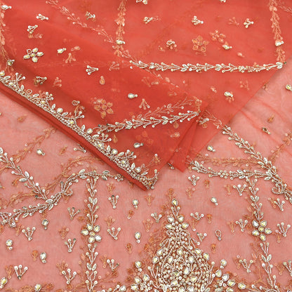 Vintage Bridal Heavy Orange Net Dupatta Hand Embroidered Zardozi, Dabka, Zari, Sequins Work Wedding Veil Stole