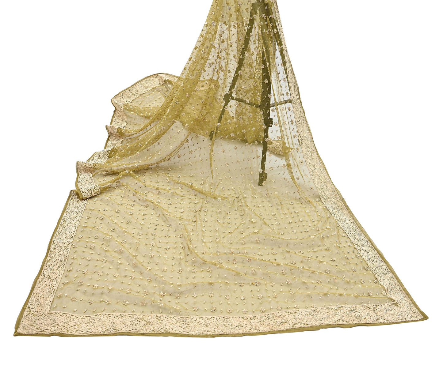 Indian Vintage Heavy Green Dupatta Net Mesh Long Stole Hand Embroidered Scarf Zardozi Zari Sequins Stole Bridal Veil