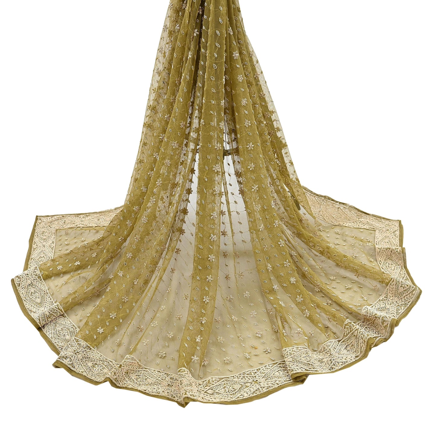 Indian Vintage Heavy Green Dupatta Net Mesh Long Stole Hand Embroidered Scarf Zardozi Zari Sequins Stole Bridal Veil