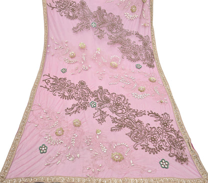Indian Vintage Heavy Bridal Dupatta Pink Net Mesh Long Stole Hand Embroidered Scarves Silver Zardozi Dabka Zari Sequins Wedding Dupatta