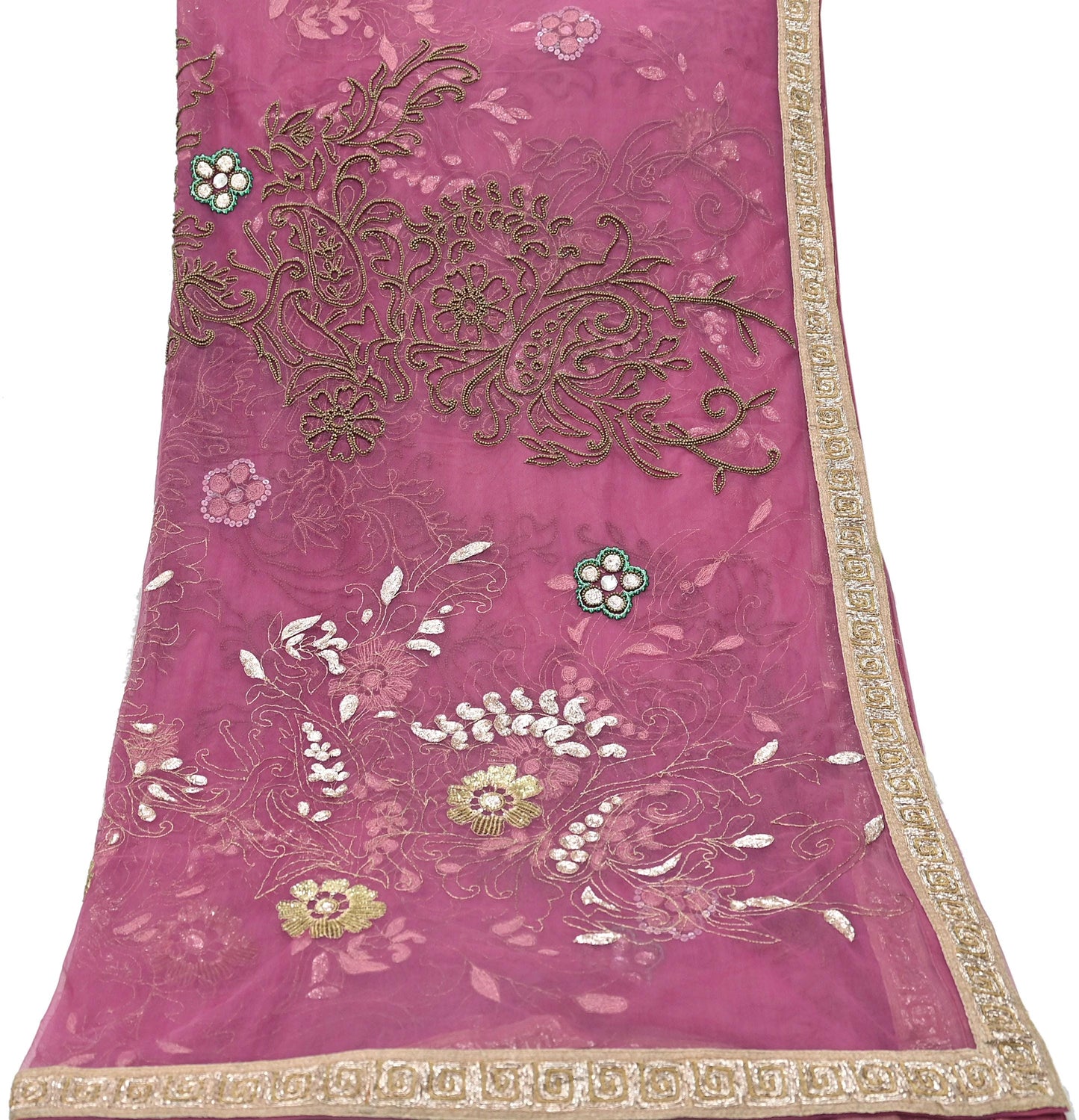 Indian Vintage Heavy Bridal Dupatta Pink Net Mesh Long Stole Hand Embroidered Scarves Silver Zardozi Dabka Zari Sequins Wedding Dupatta