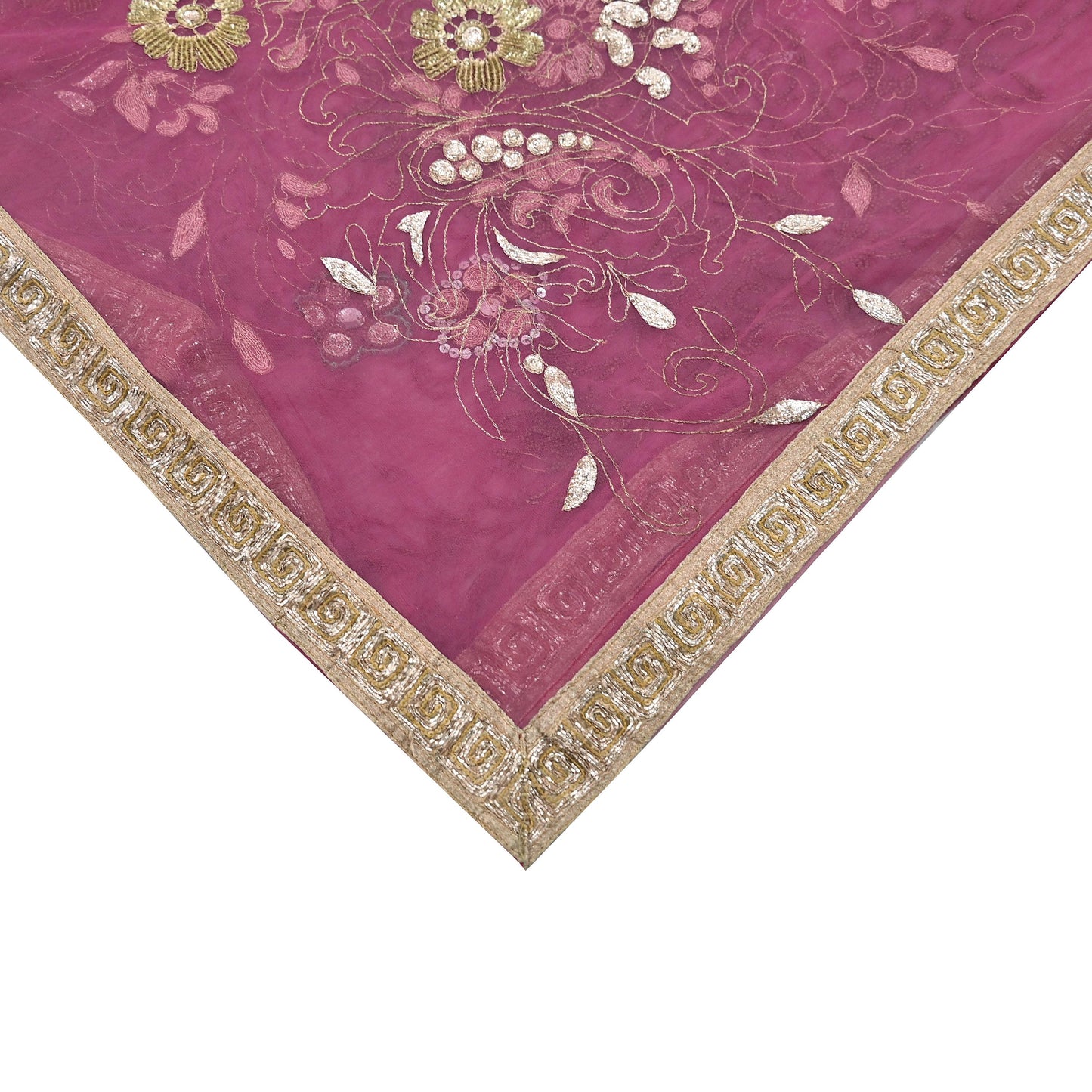 Indian Vintage Heavy Bridal Dupatta Pink Net Mesh Long Stole Hand Embroidered Scarves Silver Zardozi Dabka Zari Sequins Wedding Dupatta