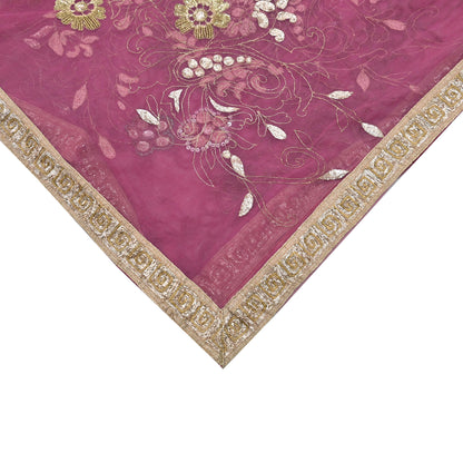 Indian Vintage Heavy Bridal Dupatta Pink Net Mesh Long Stole Hand Embroidered Scarves Silver Zardozi Dabka Zari Sequins Wedding Dupatta