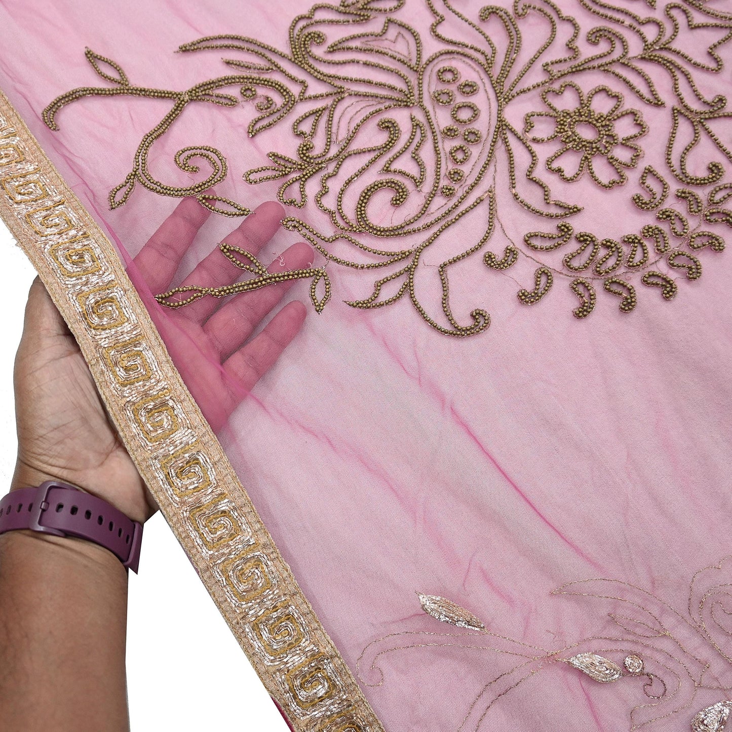 Indian Vintage Heavy Bridal Dupatta Pink Net Mesh Long Stole Hand Embroidered Scarves Silver Zardozi Dabka Zari Sequins Wedding Dupatta