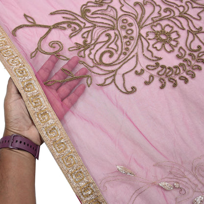 Indian Vintage Heavy Bridal Dupatta Pink Net Mesh Long Stole Hand Embroidered Scarves Silver Zardozi Dabka Zari Sequins Wedding Dupatta