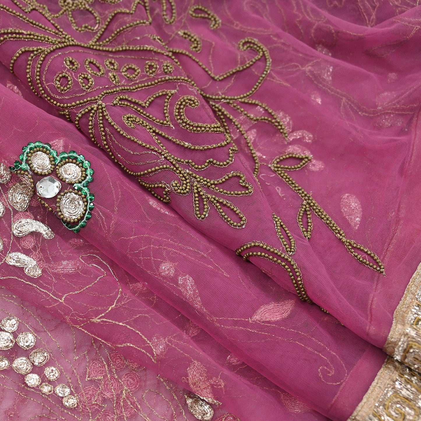 Indian Vintage Heavy Bridal Dupatta Pink Net Mesh Long Stole Hand Embroidered Scarves Silver Zardozi Dabka Zari Sequins Wedding Dupatta