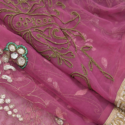 Indian Vintage Heavy Bridal Dupatta Pink Net Mesh Long Stole Hand Embroidered Scarves Silver Zardozi Dabka Zari Sequins Wedding Dupatta