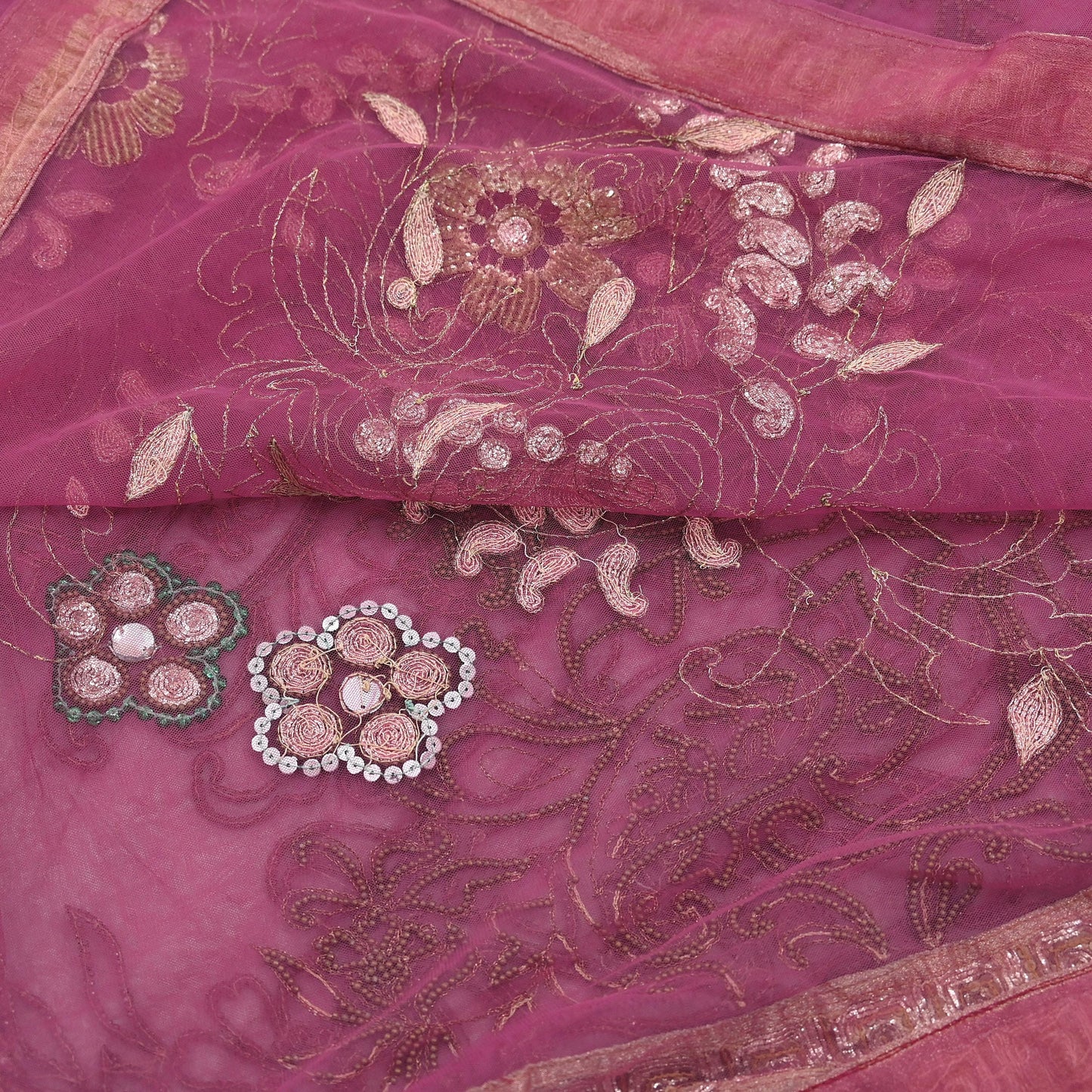 Indian Vintage Heavy Bridal Dupatta Pink Net Mesh Long Stole Hand Embroidered Scarves Silver Zardozi Dabka Zari Sequins Wedding Dupatta