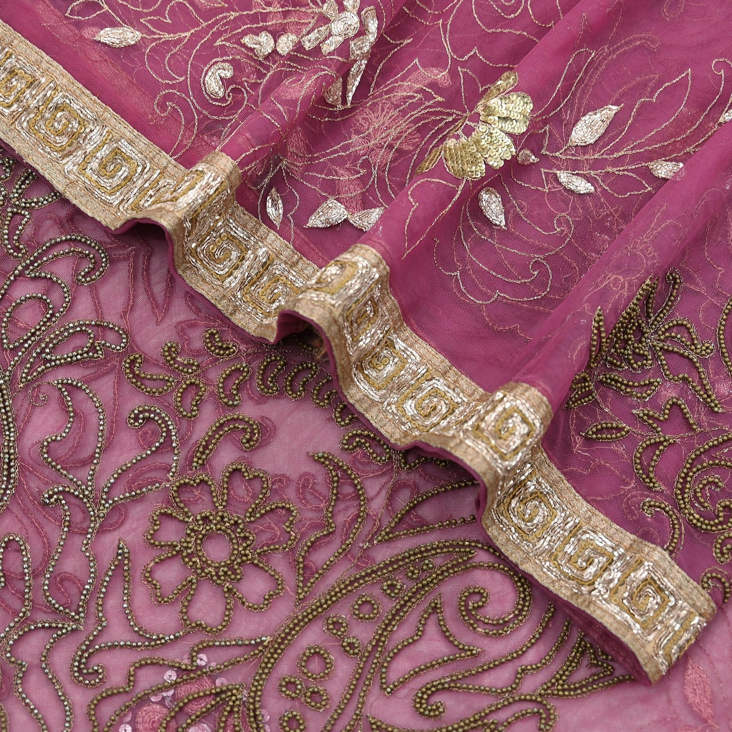 Indian Vintage Heavy Bridal Dupatta Pink Net Mesh Long Stole Hand Embroidered Scarves Silver Zardozi Dabka Zari Sequins Wedding Dupatta