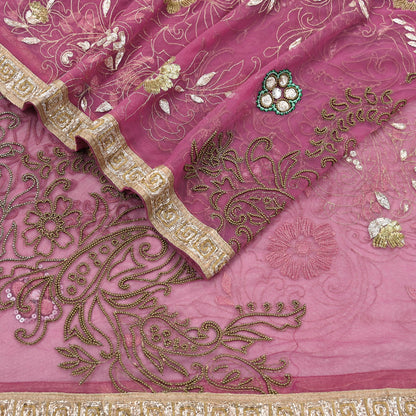 Indian Vintage Heavy Bridal Dupatta Pink Net Mesh Long Stole Hand Embroidered Scarves Silver Zardozi Dabka Zari Sequins Wedding Dupatta