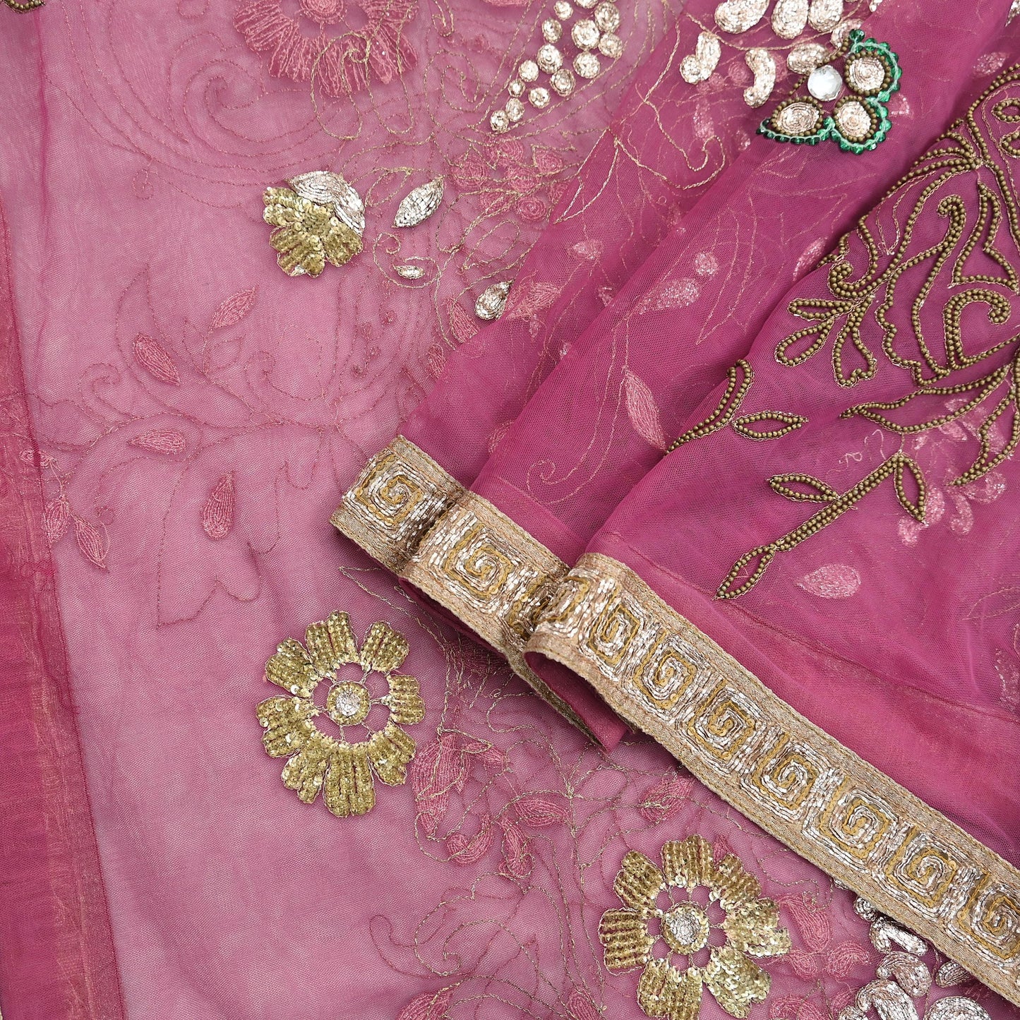 Indian Vintage Heavy Bridal Dupatta Pink Net Mesh Long Stole Hand Embroidered Scarves Silver Zardozi Dabka Zari Sequins Wedding Dupatta