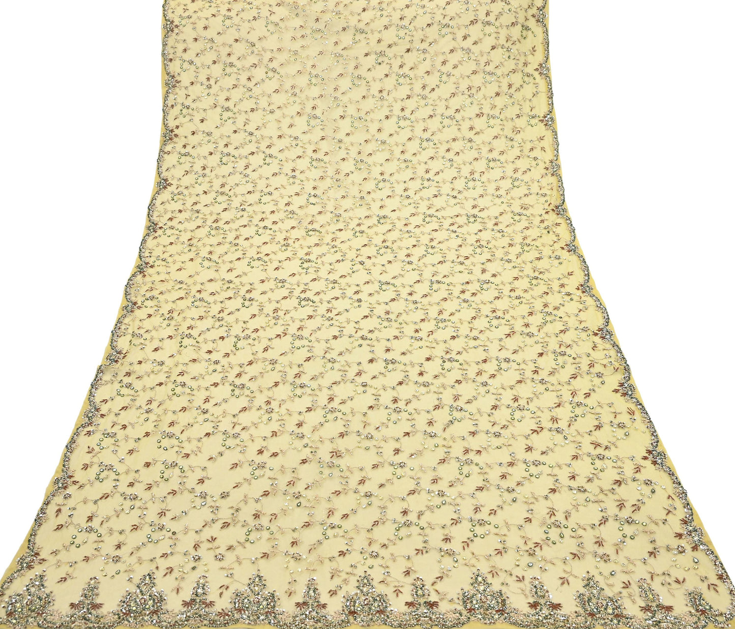 Indian Vintage Heavy Yellow Dupatta Net Mesh Long Stole Hand Embroidered Scarves Golden Zardozi Dabka Zari Stole