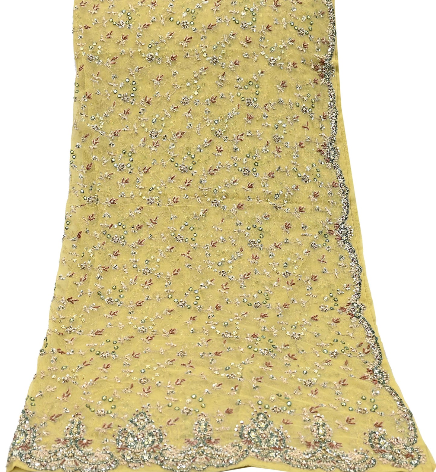 Indian Vintage Heavy Yellow Dupatta Net Mesh Long Stole Hand Embroidered Scarves Golden Zardozi Dabka Zari Stole