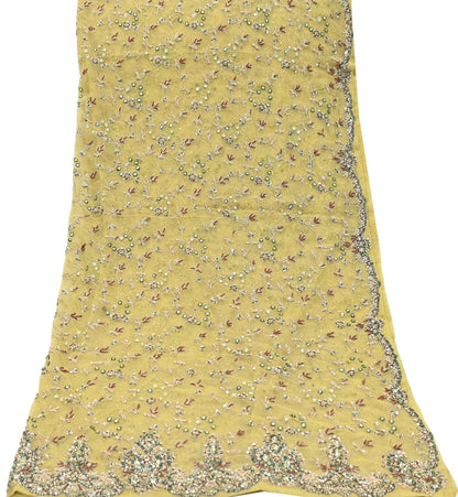 Indian Vintage Heavy Yellow Dupatta Net Mesh Long Stole Hand Embroidered Scarves Golden Zardozi Dabka Zari Stole