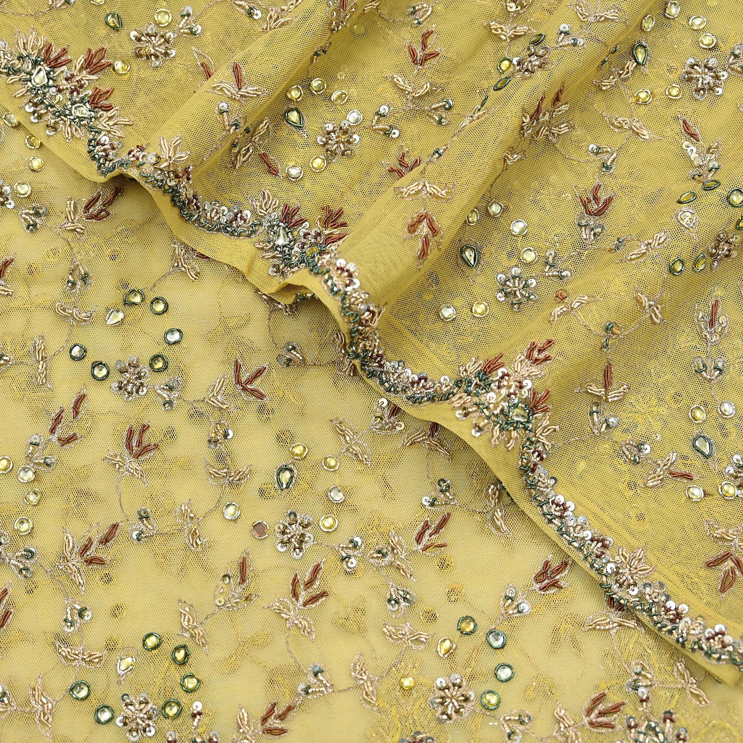 Indian Vintage Heavy Yellow Dupatta Net Mesh Long Stole Hand Embroidered Scarves Golden Zardozi Dabka Zari Stole