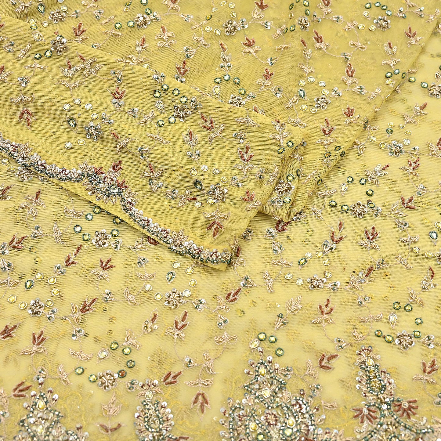 Indian Vintage Heavy Yellow Dupatta Net Mesh Long Stole Hand Embroidered Scarves Golden Zardozi Dabka Zari Stole