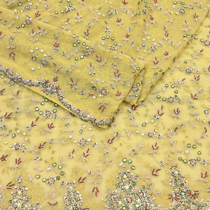 Indian Vintage Heavy Yellow Dupatta Net Mesh Long Stole Hand Embroidered Scarves Golden Zardozi Dabka Zari Stole