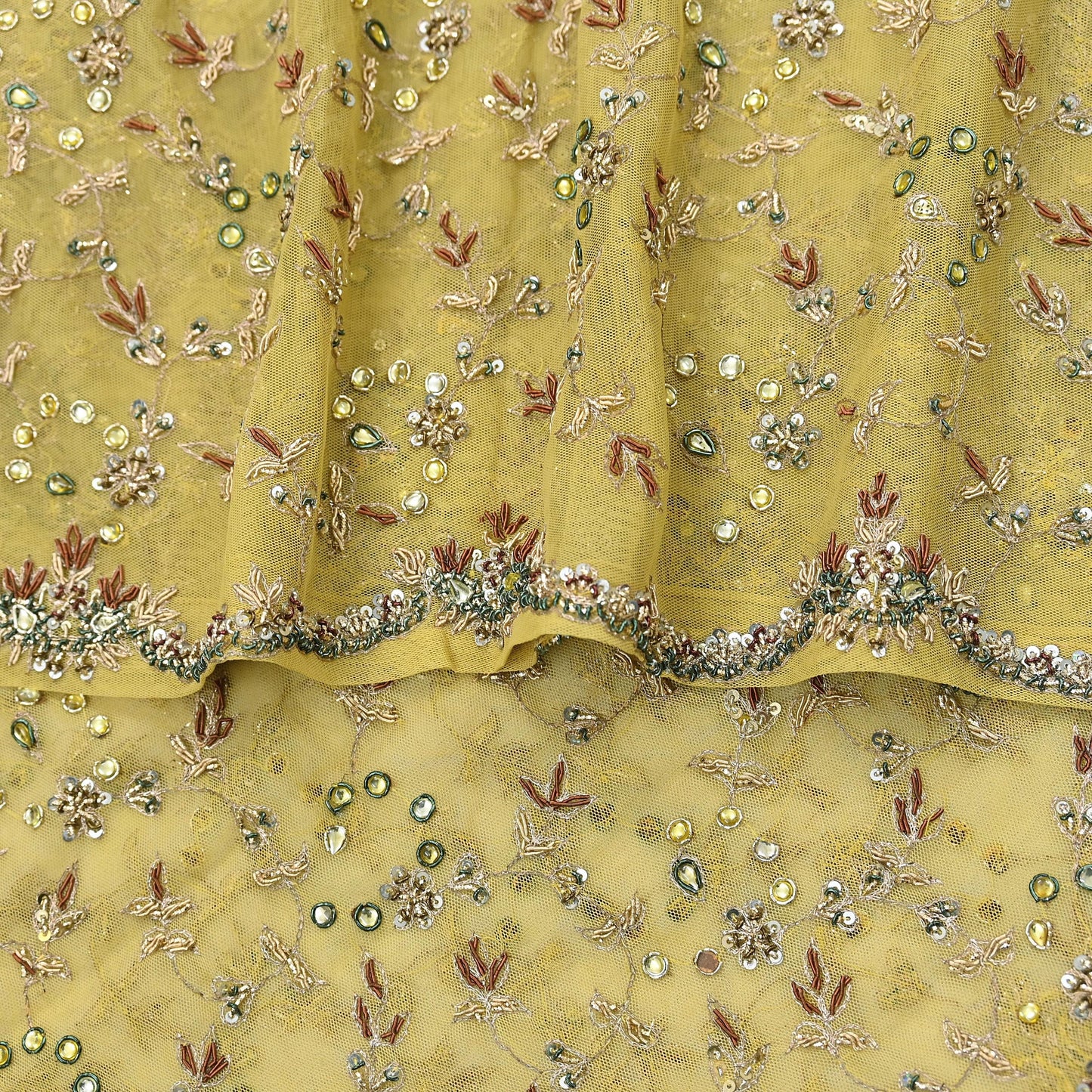 Indian Vintage Heavy Yellow Dupatta Net Mesh Long Stole Hand Embroidered Scarves Golden Zardozi Dabka Zari Stole