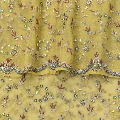 Indian Vintage Heavy Yellow Dupatta Net Mesh Long Stole Hand Embroidered Scarves Golden Zardozi Dabka Zari Stole