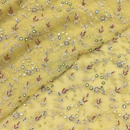 Indian Vintage Heavy Yellow Dupatta Net Mesh Long Stole Hand Embroidered Scarves Golden Zardozi Dabka Zari Stole
