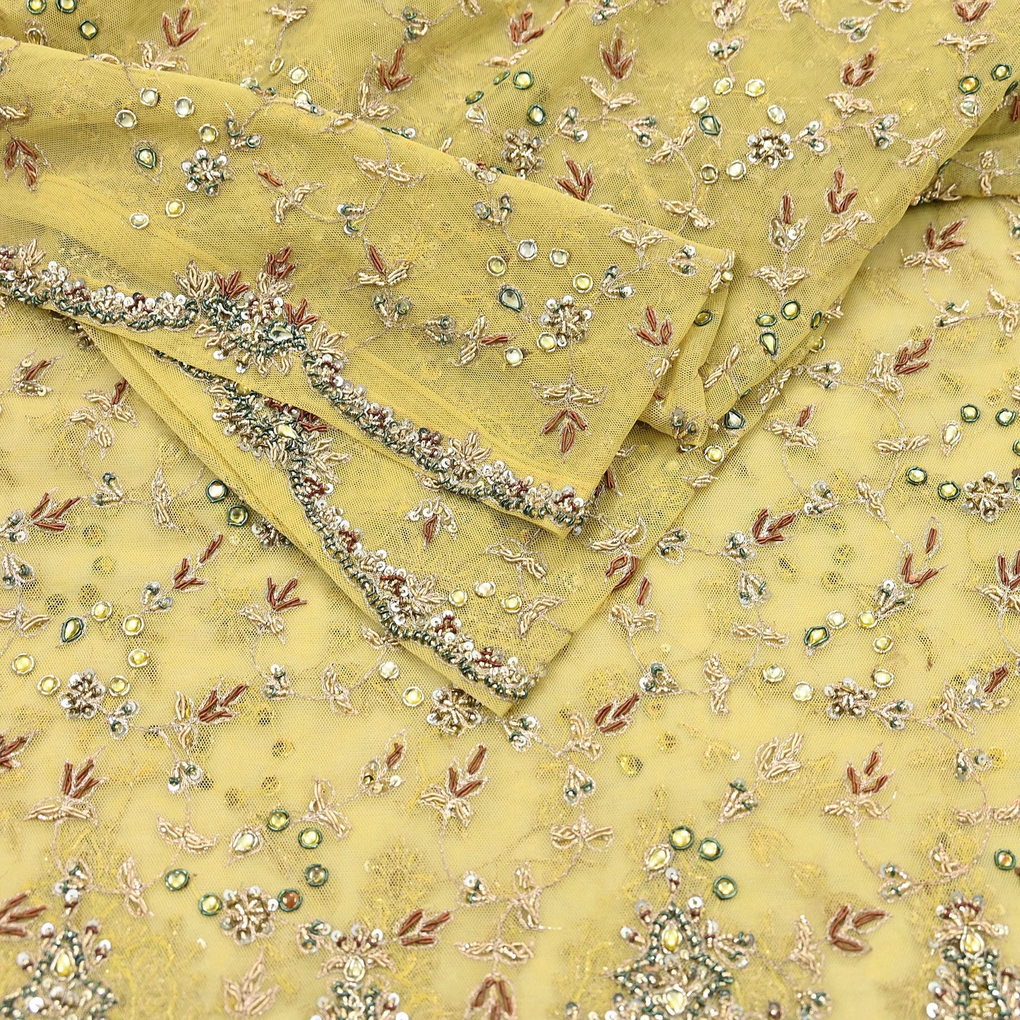 Indian Vintage Heavy Yellow Dupatta Net Mesh Long Stole Hand Embroidered Scarves Golden Zardozi Dabka Zari Stole