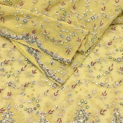 Indian Vintage Heavy Yellow Dupatta Net Mesh Long Stole Hand Embroidered Scarves Golden Zardozi Dabka Zari Stole