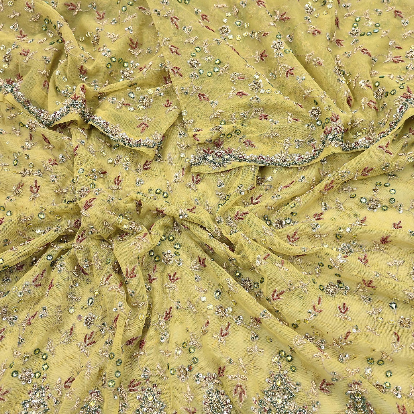 Indian Vintage Heavy Yellow Dupatta Net Mesh Long Stole Hand Embroidered Scarves Golden Zardozi Dabka Zari Stole