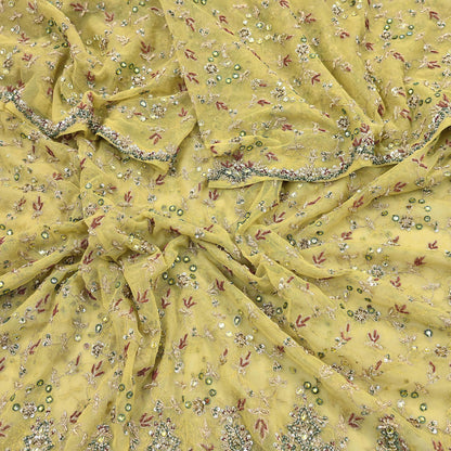 Indian Vintage Heavy Yellow Dupatta Net Mesh Long Stole Hand Embroidered Scarves Golden Zardozi Dabka Zari Stole