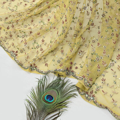 Indian Vintage Heavy Yellow Dupatta Net Mesh Long Stole Hand Embroidered Scarves Golden Zardozi Dabka Zari Stole