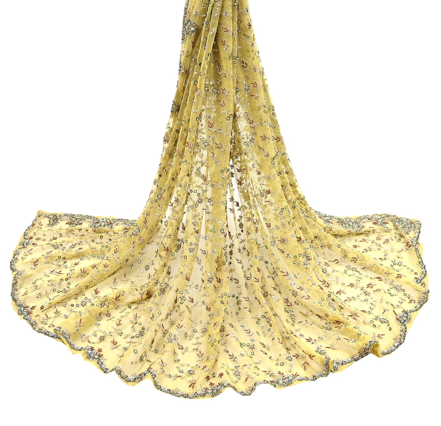 Indian Vintage Heavy Yellow Dupatta Net Mesh Long Stole Hand Embroidered Scarves Golden Zardozi Dabka Zari Stole