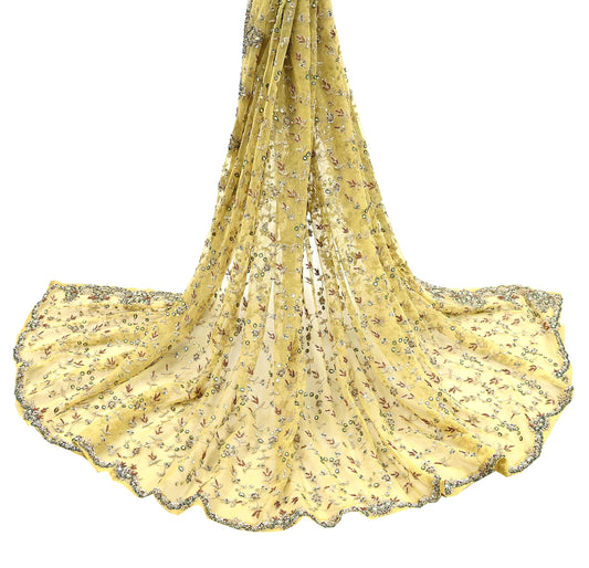 Indian Vintage Heavy Yellow Dupatta Net Mesh Long Stole Hand Embroidered Scarves Golden Zardozi Dabka Zari Stole