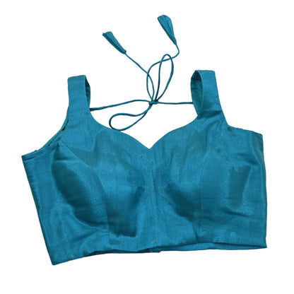 New Blue Cotton Silk Sleeveless Padded Blouse Top Handmade Crop Top Party Wear Bollywood Blouse