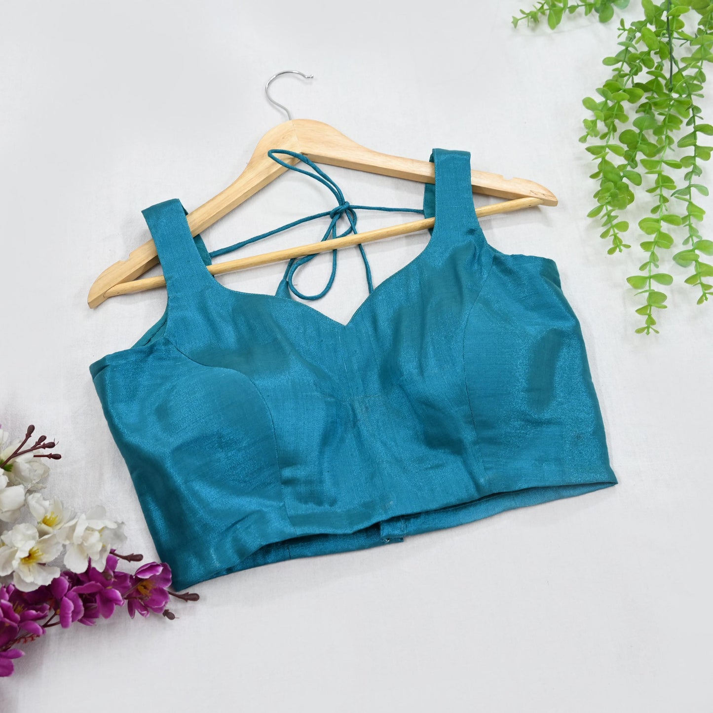 New Blue Cotton Silk Sleeveless Padded Blouse Top Handmade Crop Top Party Wear Bollywood Blouse