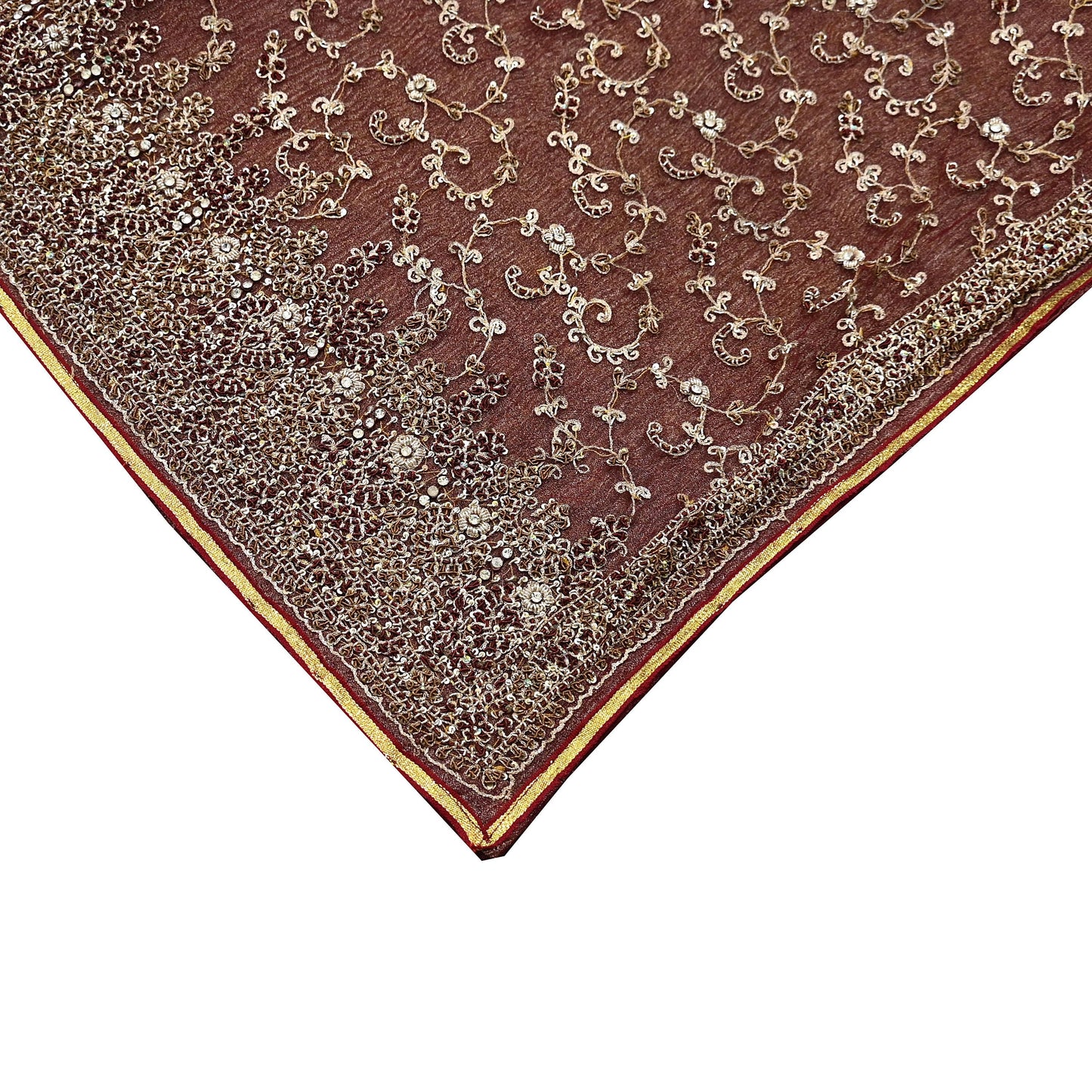 Indian Vintage Heavy Wedding Maroon Dupatta Net Mesh Long Stole Hand Embroidered Scarves Golden Zardozi Zari Sequins Dridal Veil Hijab