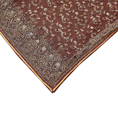 Indian Vintage Heavy Wedding Maroon Dupatta Net Mesh Long Stole Hand Embroidered Scarves Golden Zardozi Zari Sequins Dridal Veil Hijab