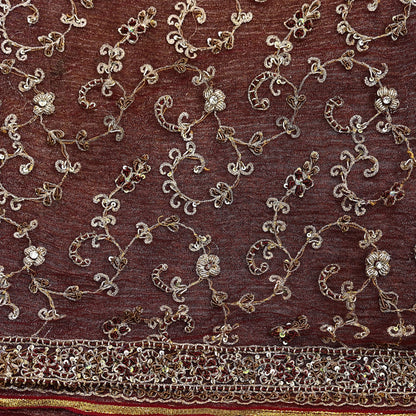 Indian Vintage Heavy Wedding Maroon Dupatta Net Mesh Long Stole Hand Embroidered Scarves Golden Zardozi Zari Sequins Dridal Veil Hijab