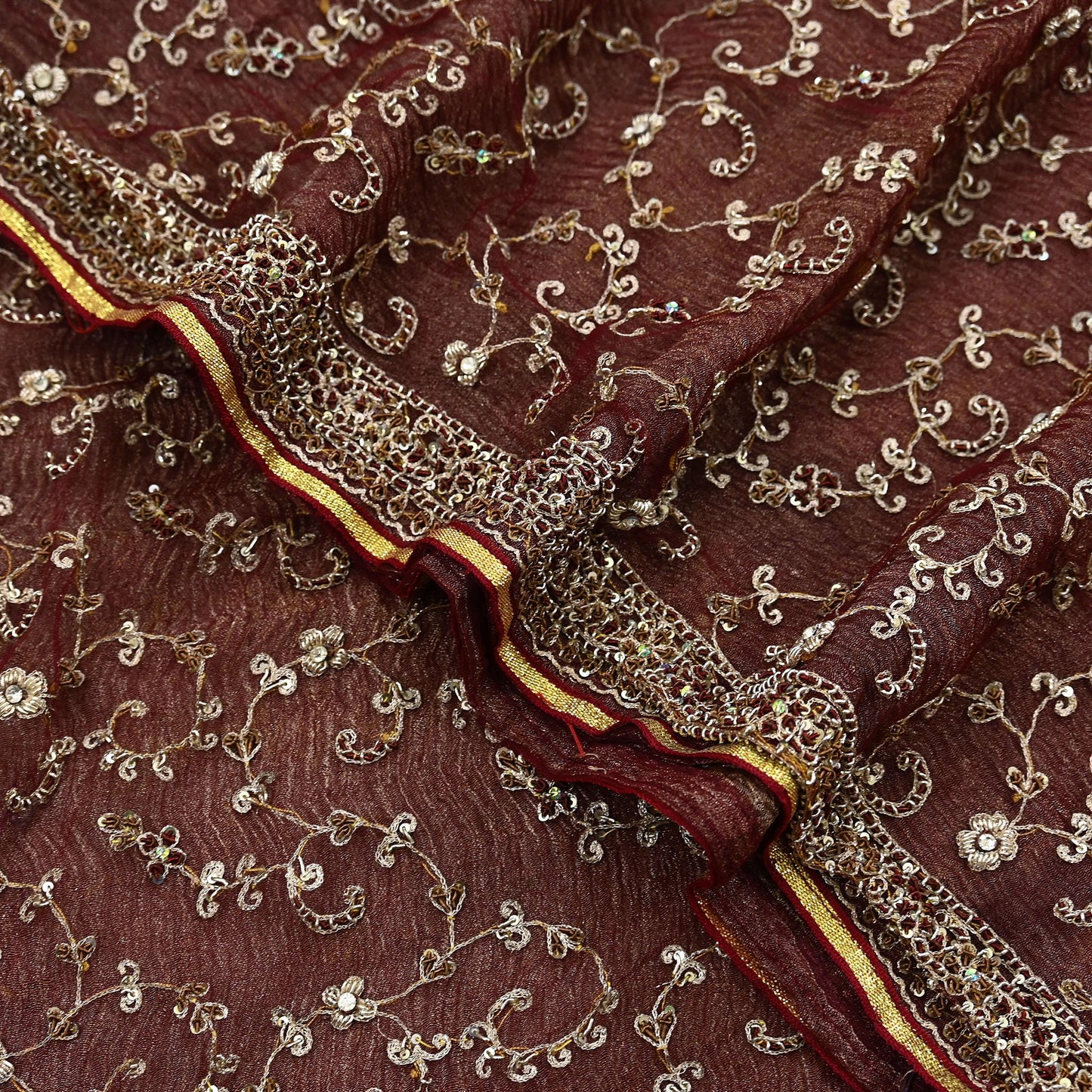 Indian Vintage Heavy Wedding Maroon Dupatta Net Mesh Long Stole Hand Embroidered Scarves Golden Zardozi Zari Sequins Dridal Veil Hijab