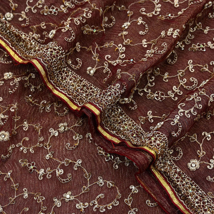 Indian Vintage Heavy Wedding Maroon Dupatta Net Mesh Long Stole Hand Embroidered Scarves Golden Zardozi Zari Sequins Dridal Veil Hijab