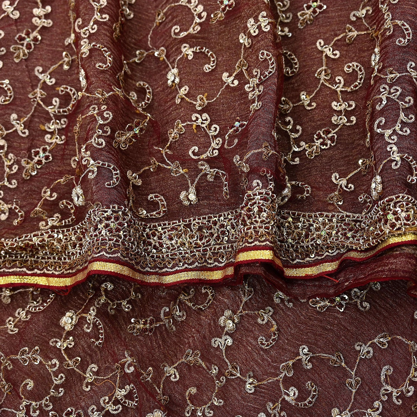 Indian Vintage Heavy Wedding Maroon Dupatta Net Mesh Long Stole Hand Embroidered Scarves Golden Zardozi Zari Sequins Dridal Veil Hijab