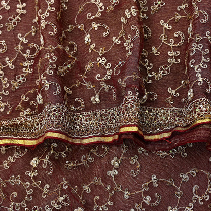Indian Vintage Heavy Wedding Maroon Dupatta Net Mesh Long Stole Hand Embroidered Scarves Golden Zardozi Zari Sequins Dridal Veil Hijab